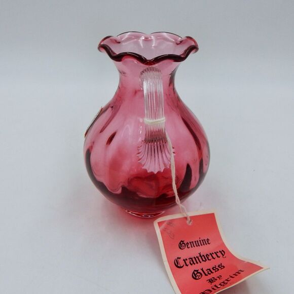 Pilgrim Glass Handblown Cranberry Vase Pitcher Optic Clear Handle 4.5 In Tag - Picture 4 of 10
